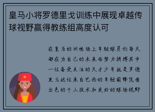 皇马小将罗德里戈训练中展现卓越传球视野赢得教练组高度认可